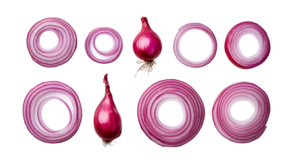 Set of red onions whole bulbs and pieces isolated on transparent background,Set of red onion slices,top view,Fresh red onion and cut in various size,png,Sliced red onions png,full depth of field,Ai
