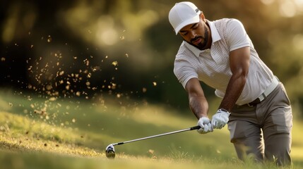 handsome golfer sport man with hat  and a beautiful shirt, swinging a club during a sunny day on the course.