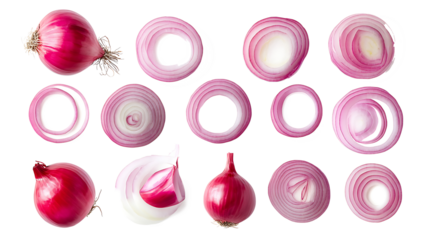 Set of red onions whole bulbs and pieces isolated on transparent background,Set of red onion slices,top view,Fresh red onion and cut in various size,png,Sliced red onions png,full depth of field,Ai
