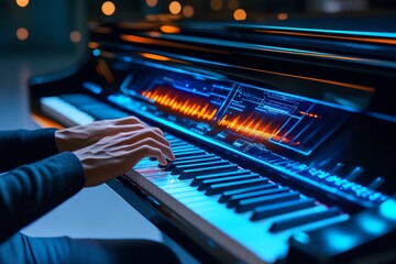 A futuristic digital piano with holographic keys, where the player controls sound and visuals with their hands in a virtual music space