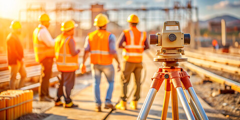 Survey engineer team working with theodolite and road construction drawing paper Civil engineer surveyor workers are taking measurements with surveying instruments during construction.