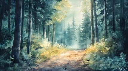 Fototapeta premium Watercolor Painting of a Path Through a Misty Forest.