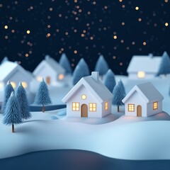 Naklejka premium Cozy winter village scene with snowy houses and twinkling stars at night.