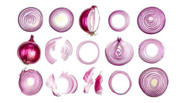 Set of red onions whole bulbs and pieces isolated on transparent background,Set of red onion slices,top view,Fresh red onion and cut in various size,png,Sliced red onions png,full depth of field,Ai