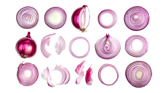 Set of red onions whole bulbs and pieces isolated on transparent background,Set of red onion slices,top view,Fresh red onion and cut in various size,png,Sliced red onions png,full depth of field,Ai