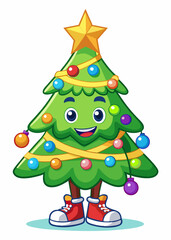 Cheerful Tree Character Adorned with Ornaments and Lights 
