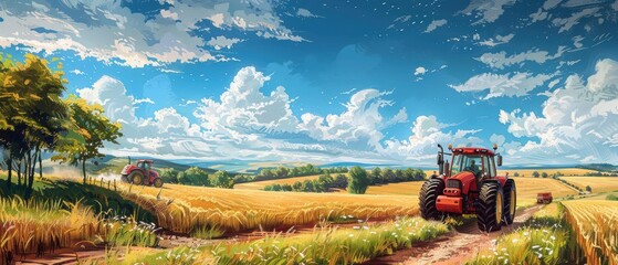 Naklejka premium Vibrant Agricultural Landscape with Tractors