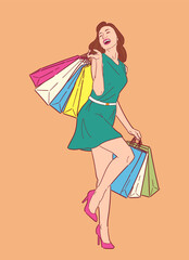 Illustration of happy woman with shopping bags, shopping happily in retro style, happy shopping, Design wallpaper, background, phone screensaver, banner, flyer, print. vector flat color.