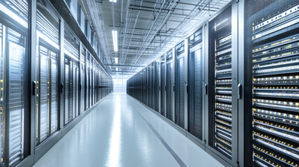 Obraz premium Rows of shiny servers operate continuously in a state-of-the-art data center, creating a hum of activity in a well-organized environment