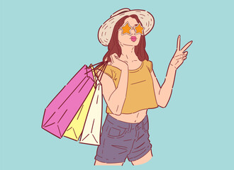 Illustration of happy woman with shopping bags, shopping happily in retro style, happy shopping, Design wallpaper, background, phone screensaver, banner, flyer, print. Vector flat color.