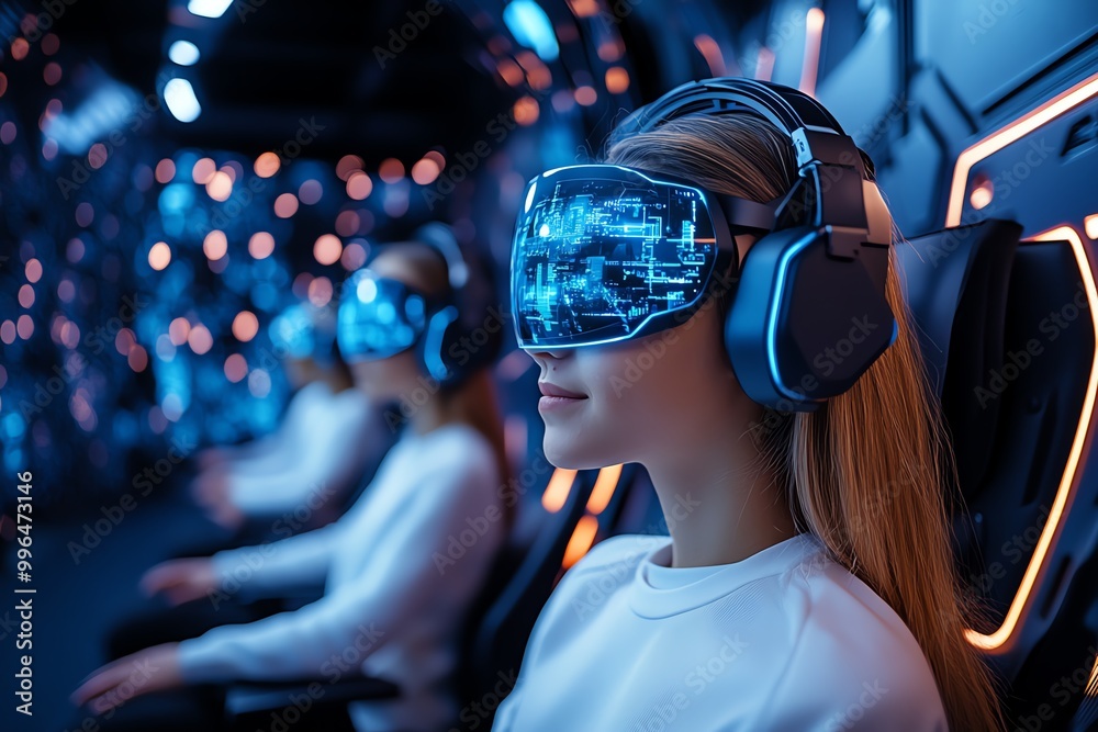 Poster A futuristic e-learning classroom with holographic screens and virtual avatars, where students learn through advanced AI-driven platforms