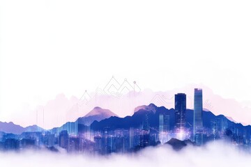 Abstract city skyline with glowing lights and fog.