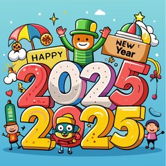 Happy New Year, figures of 2025 with characters, cartoon children's style