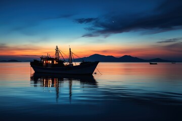 Naklejka premium A boat is floating in the ocean at sunset
