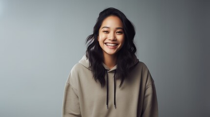Beautiful asian young woman in gray hoody posing with smile. Neural network ai generated art