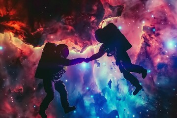 Naklejka premium astronauts holding out their hands in open space, behind them a beautiful galaxy with ultra-saturated colors