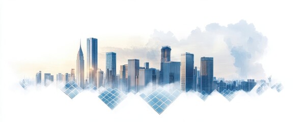 Watercolor painting of a city skyline with clouds.