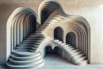 Abstract layered arches and staircases in interior design.