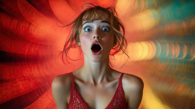 Portrait of a dancer with a surprised expression on a dynamic stage inspired background