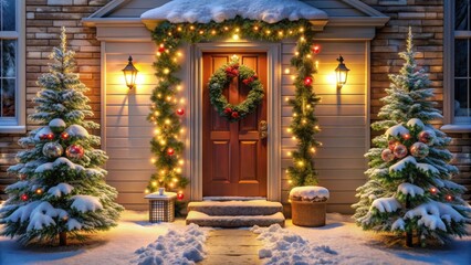Christmas winter entrance featuring a wooden door adorned with a wreath, surrounded by snow-covered trees and festive lights.