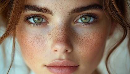 Fototapeta premium Close-up Portrait of Woman with Freckles and Green Eyes