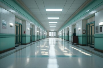 Fototapeta premium Empty hospital hallway stage architecture corridor building.