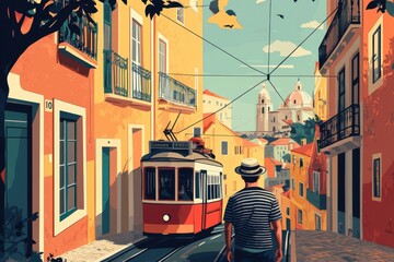 Obraz premium Minimalist Flat Illustration of Lisbon’s Alfama District with Fisherman