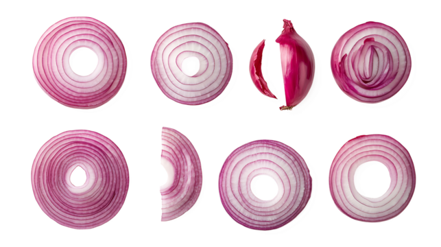 Set of red onions whole bulbs and pieces isolated on transparent background,Set of red onion slices,top view,Fresh red onion and cut in various size,png,Sliced red onions png,full depth of field,Ai