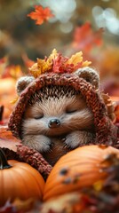 Obraz premium A sleepy hedgehog in a fuzzy bear costume curled up in a pumpkin patch, surrounded by fall foliage