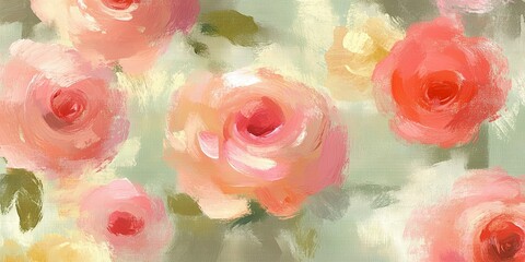A vibrant, impressionistic portrayal of blooming roses in soft pastel colors, evoking a sense of tranquility and beauty.
