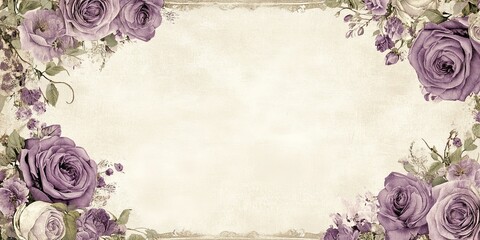 A soft, vintage floral background featuring purple roses, ideal for invitations, greeting cards, or decorative purposes, framed with delicate greenery.