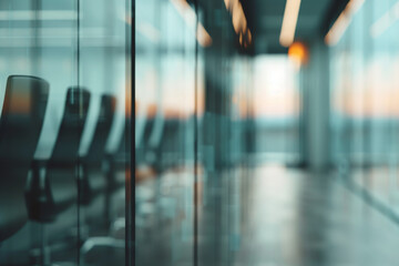 Modern business office with large glass walls and windows. Clean lines and sleek design. Defocused reflections create professional and elegant workspace for corporate presentations and collaborations.