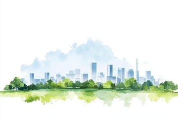 Obraz premium Watercolor painting of a city skyline with trees and clouds.