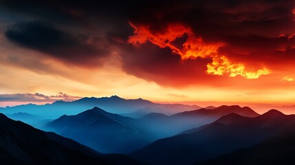Obraz premium Silhouetted mountains with fire licking the horizon, lighting up the starry night, Firelit Mountain Sky, Dramatic landscape