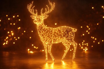 A glowing reindeer silhouette made of string lights against a dark background with bokeh lights.