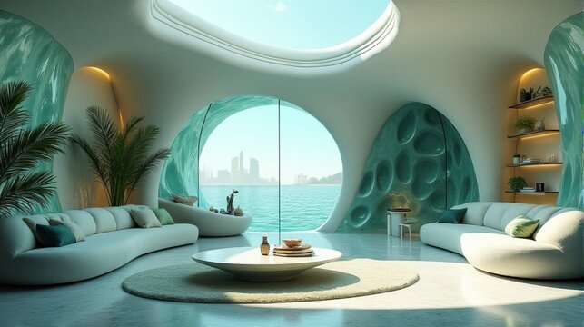 Interior Space Integrating Organic and Fluid Forms Into a Functional Living Area With a Color Palette That Evokes a Cool Toned Natural and Serene Atmosphere