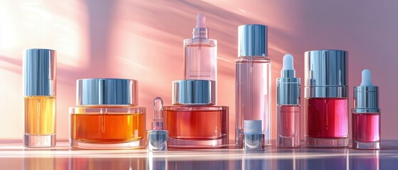Fototapeta premium Clean and modern composition highlighting a selection of cosmetic serums and moisturizers