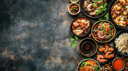 Assortment of Asian dishes on a rustic backdrop viewed from above with ample space for text on the left side highlighting the theme of Asian cuisine