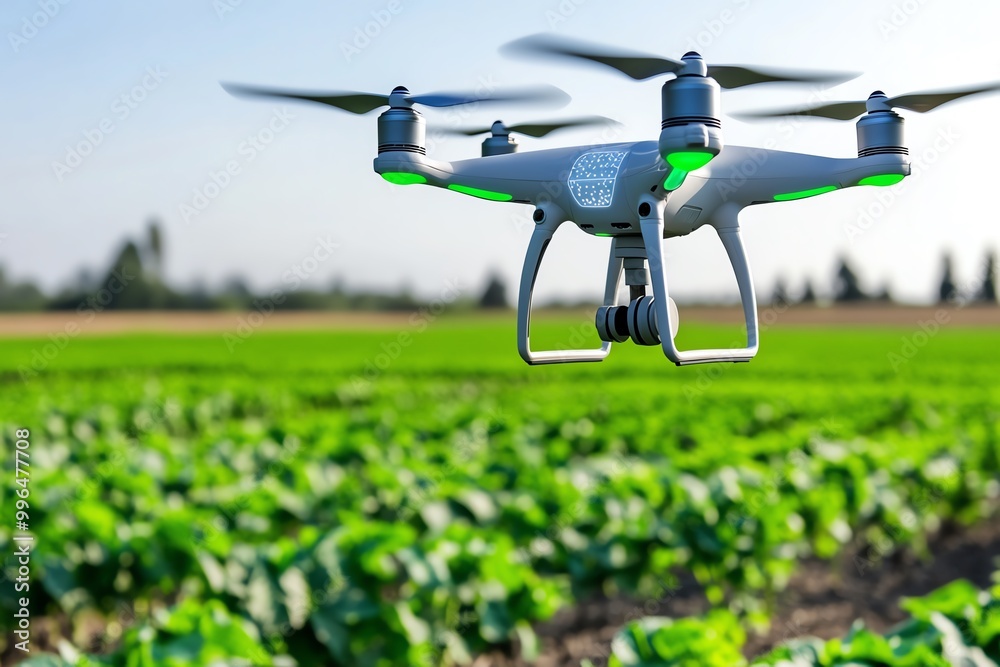 Poster a futuristic farm using drones and ai for precision agriculture, powered entirely by renewable energ