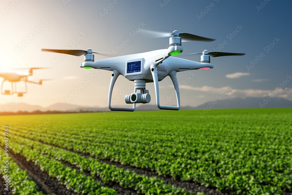 Poster a futuristic farm using drones and ai for precision agriculture, powered entirely by renewable energ