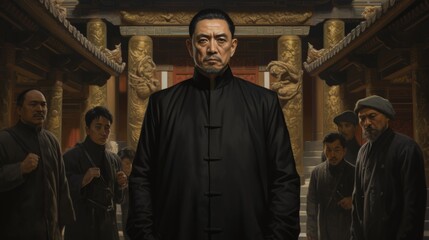 Naklejka premium Asian mafia boss with gangsters in oriental architecture background. Neural network ai generated art