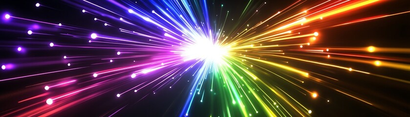 Vibrant multi-colored light rays burst outward in a dazzling, dynamic display of energy and brightness on a dark background.