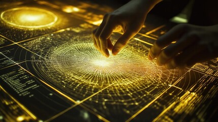 Obraz premium Hands Interacting with Futuristic Digital Interface in Gold Hues