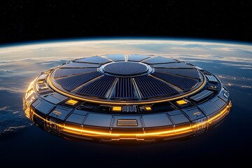 Obraz premium A futuristic solar panel farm floating in space, collecting energy from the sun and transmitting it to Earth