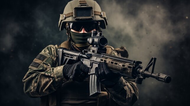 Portrait of a special forces soldier with machine gun. The concept of special military units. Neural network ai generated art
