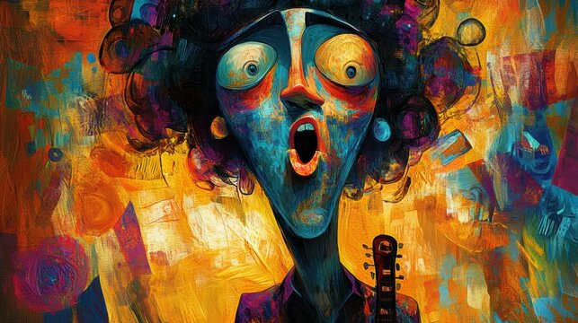 Portrait of a musician with a surprised expression on a lively stage like background