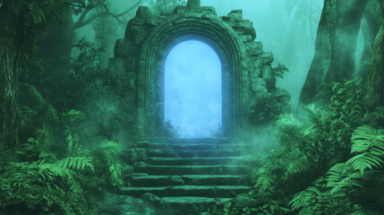 Mysterious stone portal in enchanted forest with mystical blue glow