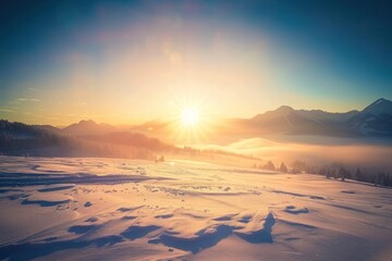 Winter mountains landscape sunrise scenery horizon.