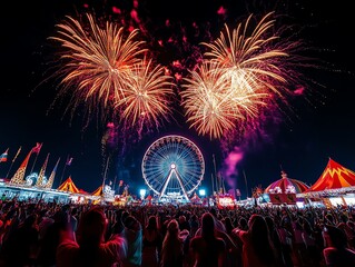 Explosive fireworks above a carnival, lighting up the Ferris wheel and rides below, Night Carnival Fireworks, Joyful celebration