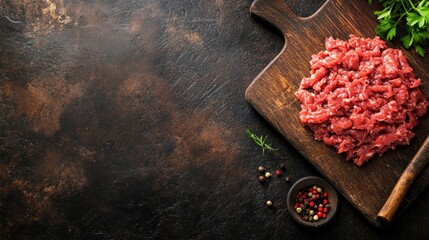 Fresh minced beef on a dark wooden board representing healthy culinary ingredients with ample space for text